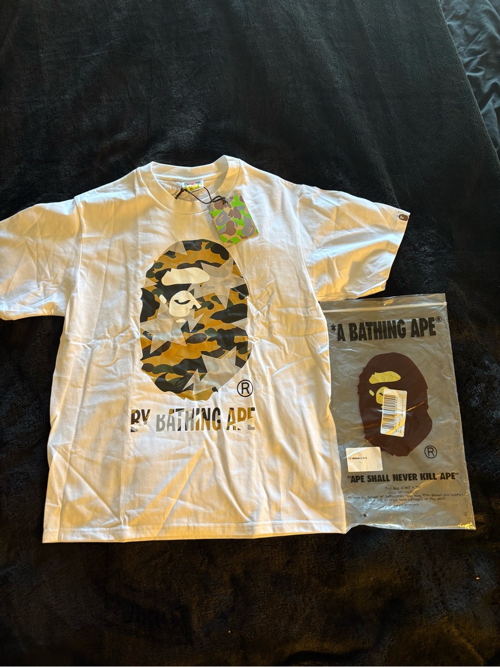 A Bathing Ape White Short-Sleeve Tee with Green/Yellow Camo Ape Logo